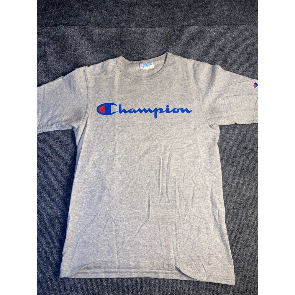 Champion Tee Shirt Mens Small Gray Solid Blended Regular Fit Crew Neck Pony Logo